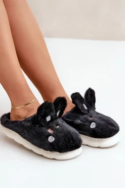 Damskie Boto Futrzane Kapcie Z Motywem Króliczka Czarne Natasha