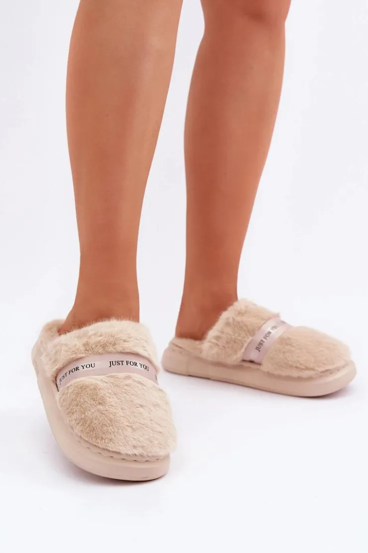 Boto Kapcie Klasyczne*Futrzane Kapcie Z Ozdobnym Paskiem Beżowe Savalithea Beżowy