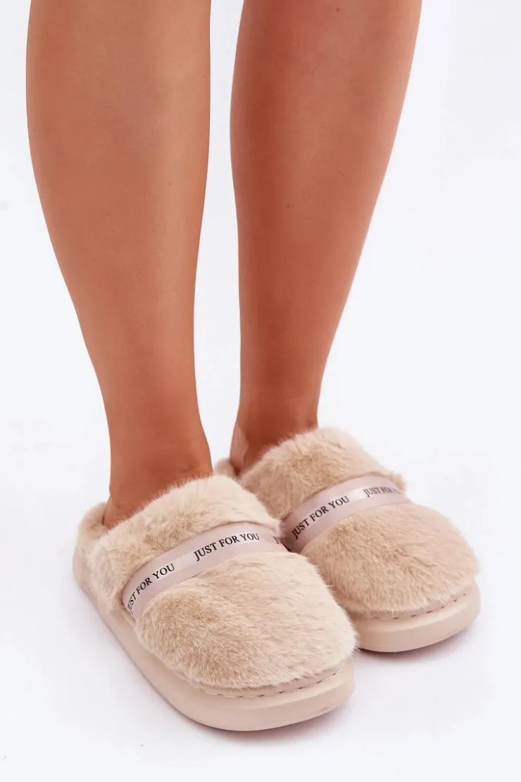 Boto Kapcie Klasyczne*Futrzane Kapcie Z Ozdobnym Paskiem Beżowe Savalithea Beżowy