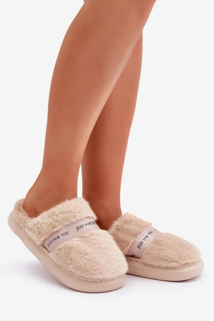 Boto Kapcie Klasyczne*Futrzane Kapcie Z Ozdobnym Paskiem Beżowe Savalithea Beżowy