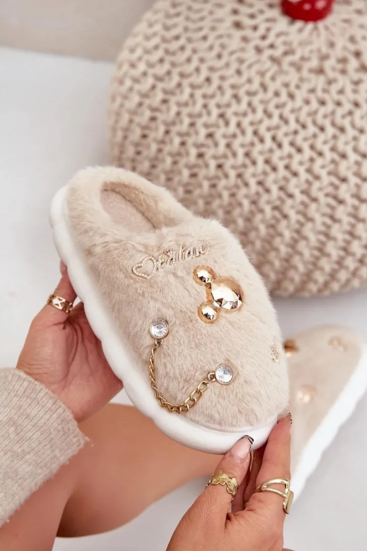 Boto Kapcie Klasyczne*Futrzane Kapcie Z Przypinkami Beżowe Ivelfedi Beżowy