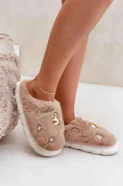 Boto Kapcie Klasyczne*Futrzane Kapcie Z Przypinkami Ciemnobeżowe Ivelfedi Beżowy