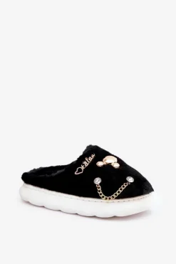 Outlet Boto Futrzane Kapcie Z Przypinkami Czarne Ivelfedi Czarny