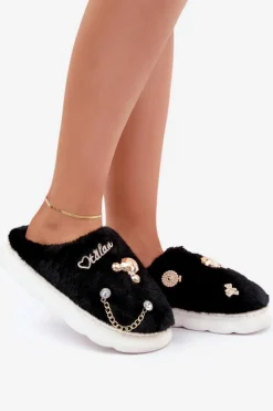 Outlet Boto Futrzane Kapcie Z Przypinkami Czarne Ivelfedi Czarny