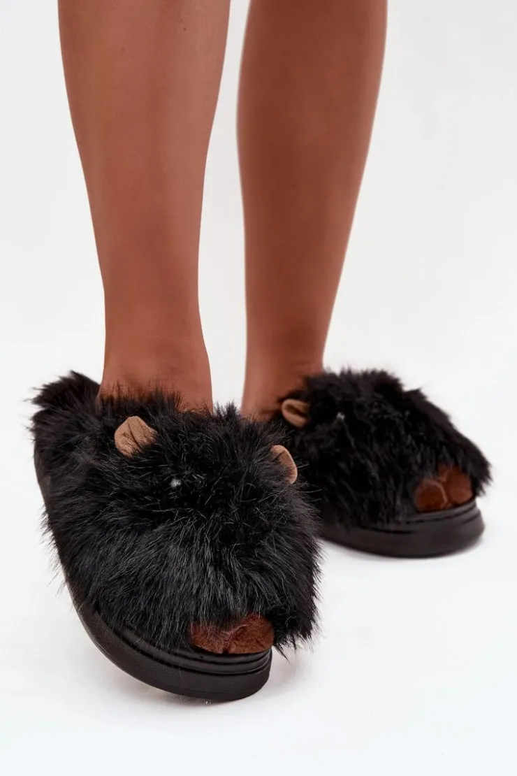 Boto Kapcie Klasyczne*Futrzane Kapice Damskie Kapibary Czarne Pravelle Czarny