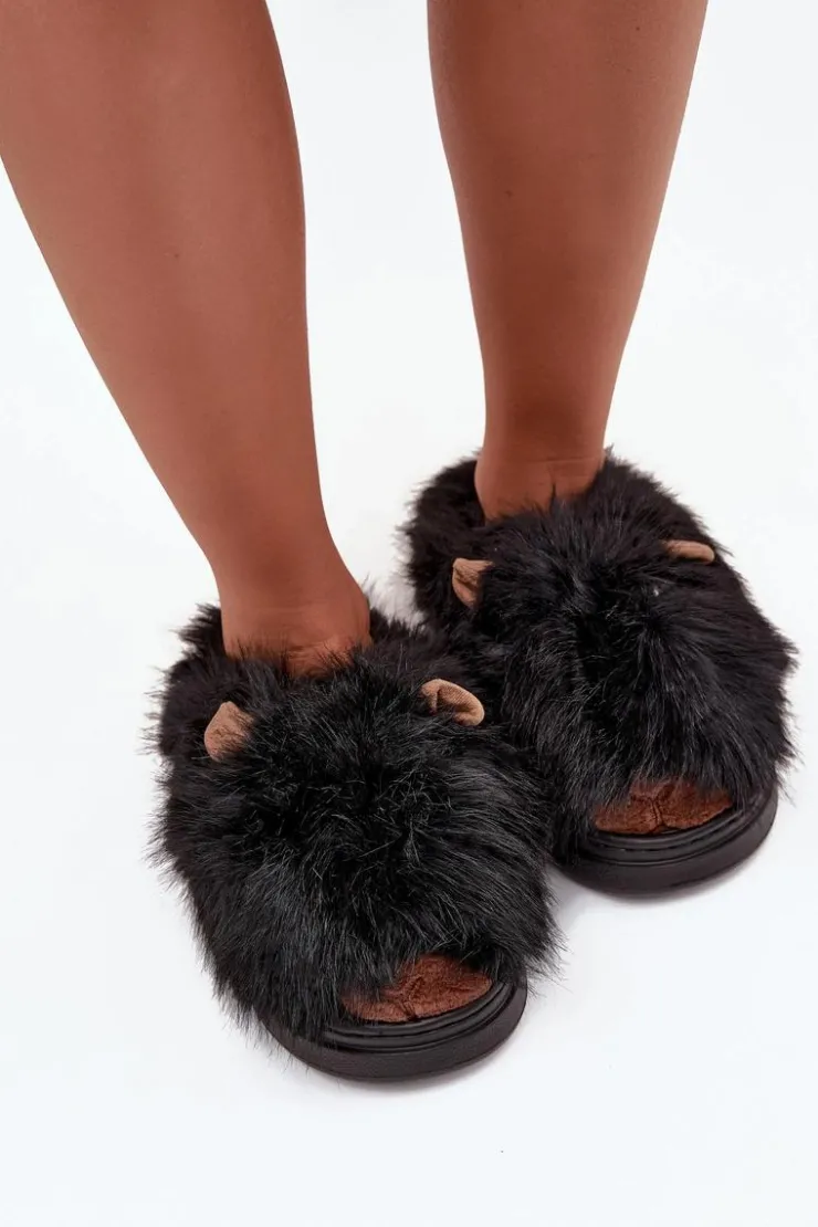 Boto Kapcie Klasyczne*Futrzane Kapice Damskie Kapibary Czarne Pravelle Czarny