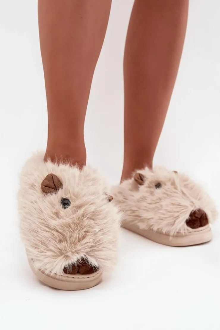 Boto Kapcie Klasyczne*Futrzane Kapice Damskie Kapibary Jasnobeżowe Pravelle