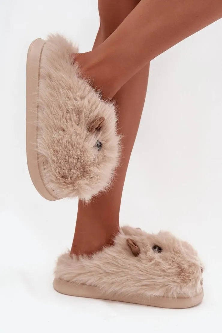 Boto Kapcie Klasyczne*Futrzane Kapice Damskie Kapibary Jasnobeżowe Pravelle