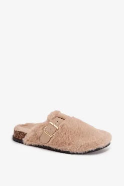 Damskie Boto Futrzane Klapki Damskie Na Platformie Z Paskiem I Klamrą Beżowe Noraline