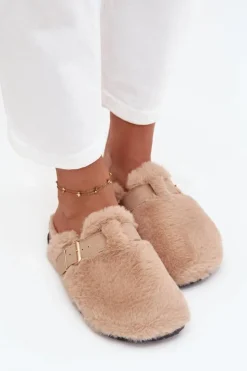 Damskie Boto Futrzane Klapki Damskie Na Platformie Z Paskiem I Klamrą Beżowe Noraline