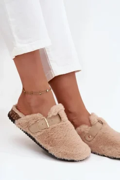 Damskie Boto Futrzane Klapki Damskie Na Platformie Z Paskiem I Klamrą Beżowe Noraline