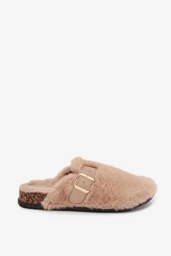 Damskie Boto Futrzane Klapki Damskie Na Platformie Z Paskiem I Klamrą Beżowe Noraline