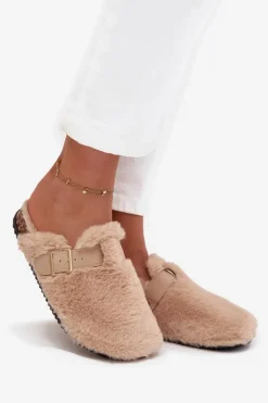 Damskie Boto Futrzane Klapki Damskie Na Platformie Z Paskiem I Klamrą Beżowe Noraline