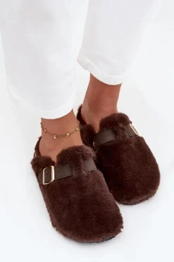 Boto Kapcie Klasyczne|Klapki Korkowe*Futrzane Klapki Damskie Na Platformie Z Paskiem I Klamrą Brązowe Noraline Brązowy