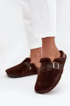 Boto Kapcie Klasyczne|Klapki Korkowe*Futrzane Klapki Damskie Na Platformie Z Paskiem I Klamrą Brązowe Noraline Brązowy