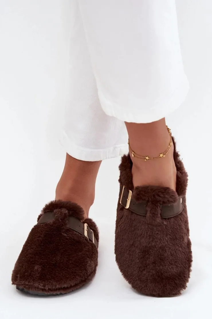 Boto Kapcie Klasyczne|Klapki Korkowe*Futrzane Klapki Damskie Na Platformie Z Paskiem I Klamrą Brązowe Noraline Brązowy