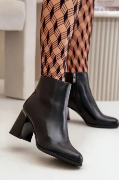 Best Boto Gładkie Botki Damskie Na Słupku Z Eko Skóra Ocieplane Czarne Milisea