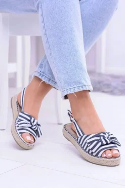 Boto Sandały Płaskie*Granatowe Damskie Sandały Espadryle Kokardy Buni