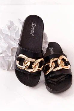 Boto Klapki Damskie Klasyczne*Gumowe Klapki Z Łańcuchem Czarne One Moment