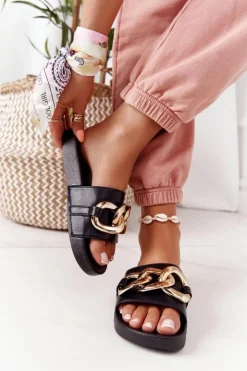 Boto Klapki Damskie Klasyczne*Gumowe Klapki Z Łańcuchem Czarne One Moment