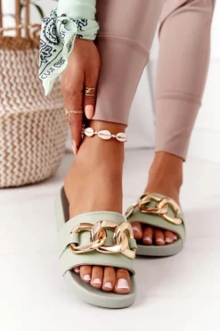 Damskie Boto Gumowe Klapki Z Łańcuchem Jasnozielone One Moment