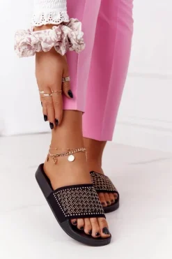 Damskie Evento Gumowe Klapki Z Cekinami Czarne Tonya