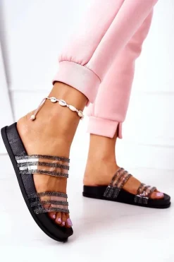 Damskie Boto Gumowe Klapki Z Cyrkoniami Czarne Miss You