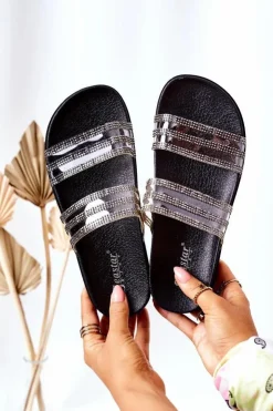 Damskie Boto Gumowe Klapki Z Cyrkoniami Czarne Miss You