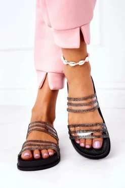 Damskie Boto Gumowe Klapki Z Cyrkoniami Czarne Miss You