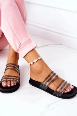 Damskie Boto Gumowe Klapki Z Cyrkoniami Czarne Miss You