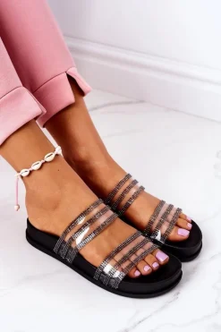 Damskie Boto Gumowe Klapki Z Cyrkoniami Czarne Miss You