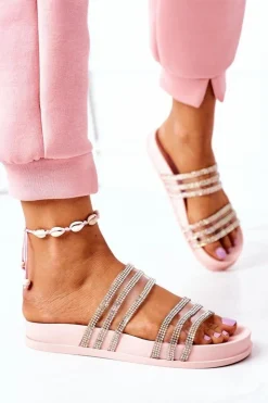 Boto Klapki Damskie Klasyczne*Gumowe Klapki Z Cyrkoniami Różowe Miss You