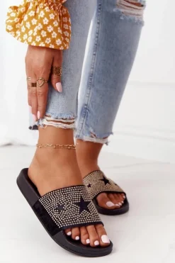 Damskie Evento Gumowe Klapki Z Dżetami Czarne Edie