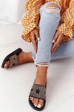 Damskie Evento Gumowe Klapki Z Dżetami Czarne Edie