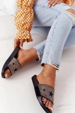 Damskie Evento Gumowe Klapki Z Dżetami Czarne Edie