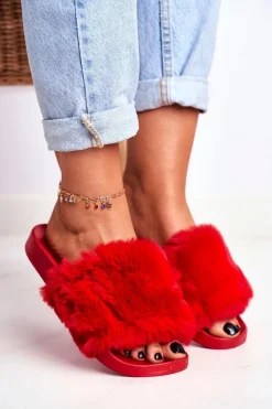 Damskie Boto Gumowe Klapki Z Futerkiem Czerwone Sensitive