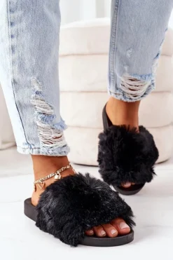 Clearance Boto Gumowe Klapki Z Futerkiem Czarne Soft