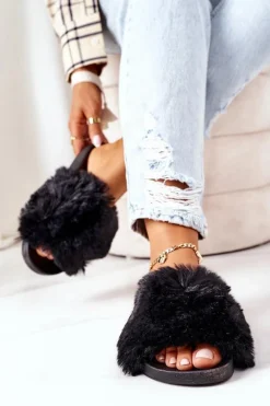 Clearance Boto Gumowe Klapki Z Futerkiem Czarne Soft