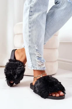 Clearance Boto Gumowe Klapki Z Futerkiem Czarne Soft