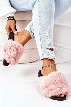 Boto Klapki Z Futerkiem|Klapki Damskie Klasyczne*Gumowe Klapki Z Futerkiem Różowe Soft