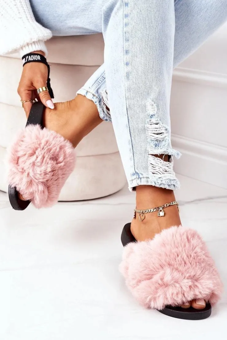 Boto Klapki Z Futerkiem|Klapki Damskie Klasyczne*Gumowe Klapki Z Futerkiem Różowe Soft