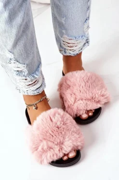 Boto Klapki Z Futerkiem|Klapki Damskie Klasyczne*Gumowe Klapki Z Futerkiem Różowe Soft