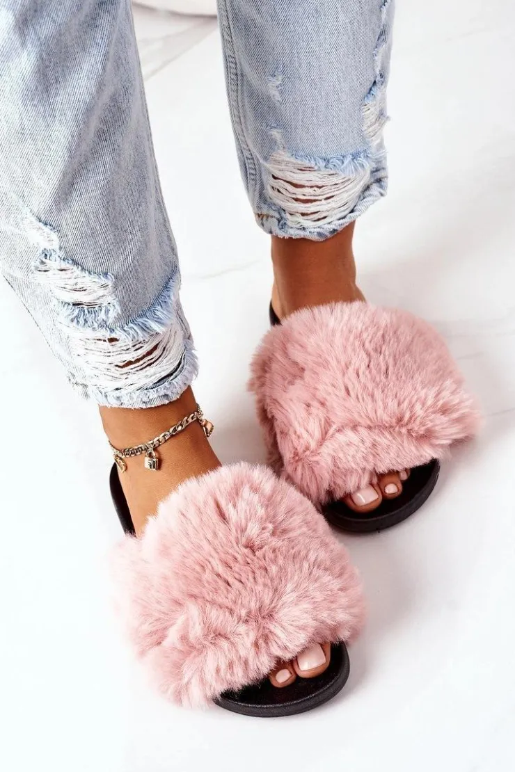 Boto Klapki Z Futerkiem|Klapki Damskie Klasyczne*Gumowe Klapki Z Futerkiem Różowe Soft