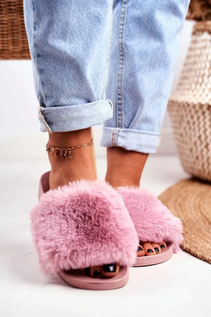 Boto Klapki Z Futerkiem|Klapki Damskie Klasyczne*Gumowe Klapki Z Futerkiem Różowe Sensitive