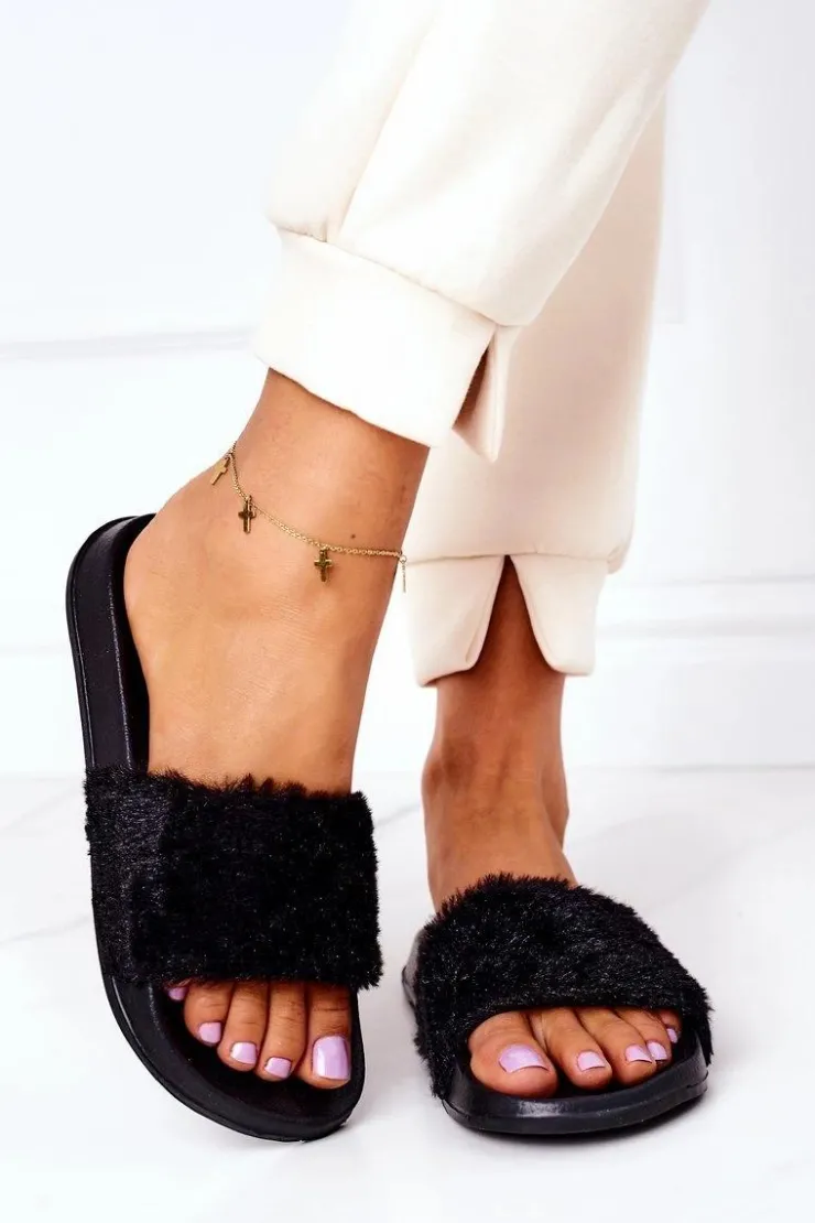 Damskie Evento Gumowe Klapki Z Futerkiem Czarne Emery