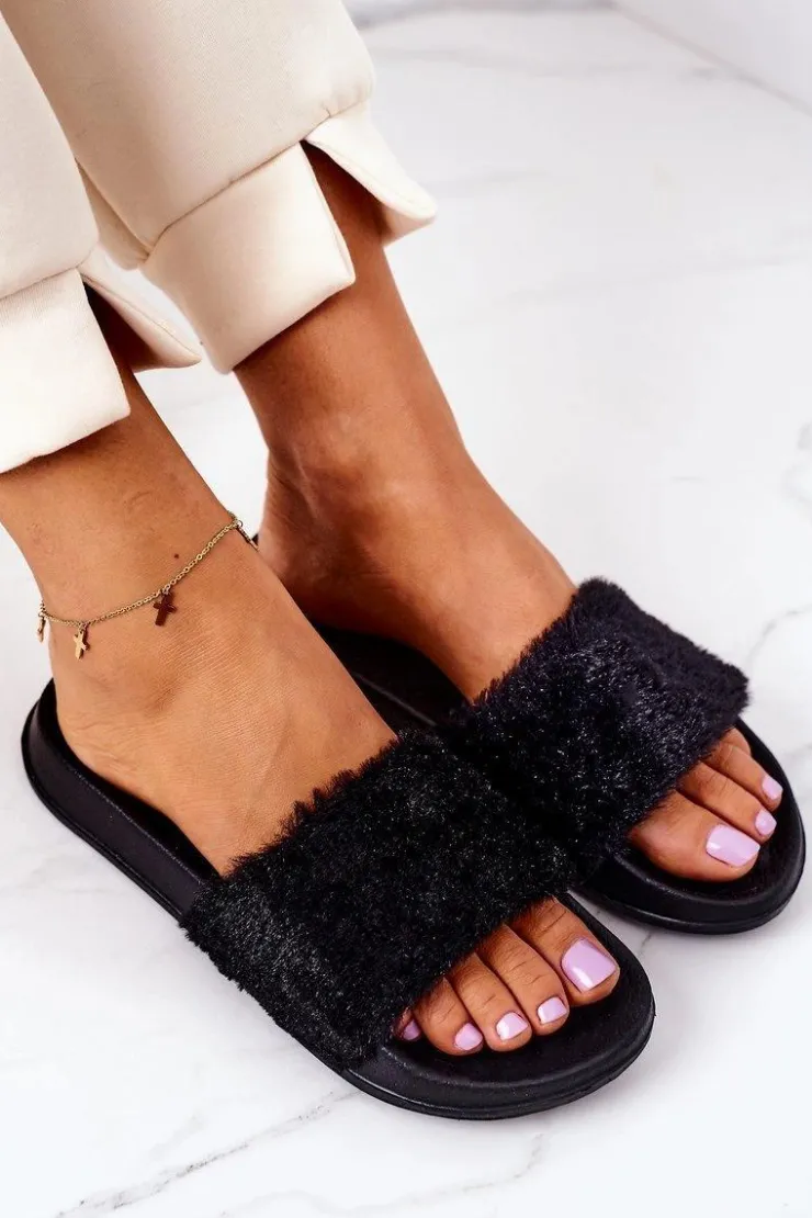 Damskie Evento Gumowe Klapki Z Futerkiem Czarne Emery