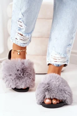 Damskie Boto Gumowe Klapki Z Futerkiem Szare Soft