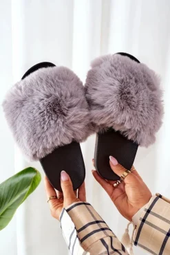 Damskie Boto Gumowe Klapki Z Futerkiem Szare Soft