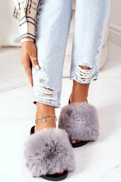 Damskie Boto Gumowe Klapki Z Futerkiem Szare Soft