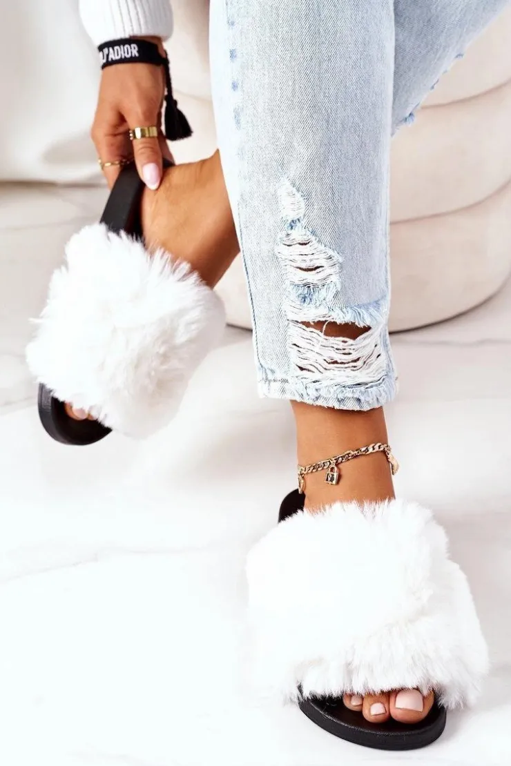 Damskie Boto Gumowe Klapki Z Futerkiem Białe Soft